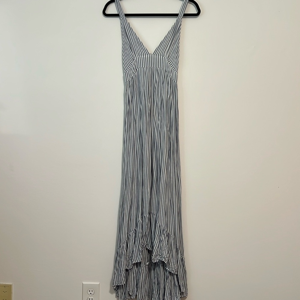 Blue and white striped maxi dress